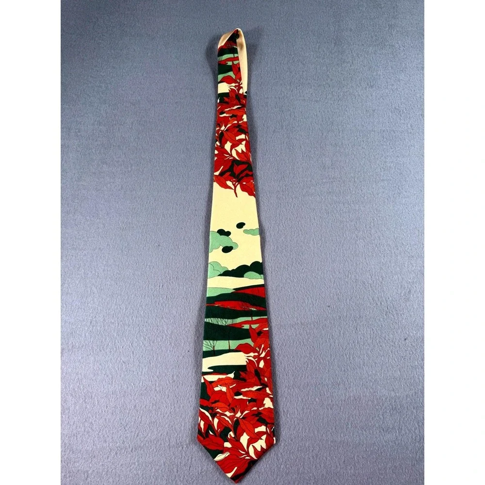 Vintage Prince Igor by Burma Silk Tie Tropical Leaf Print Green Red Neckwear 80s